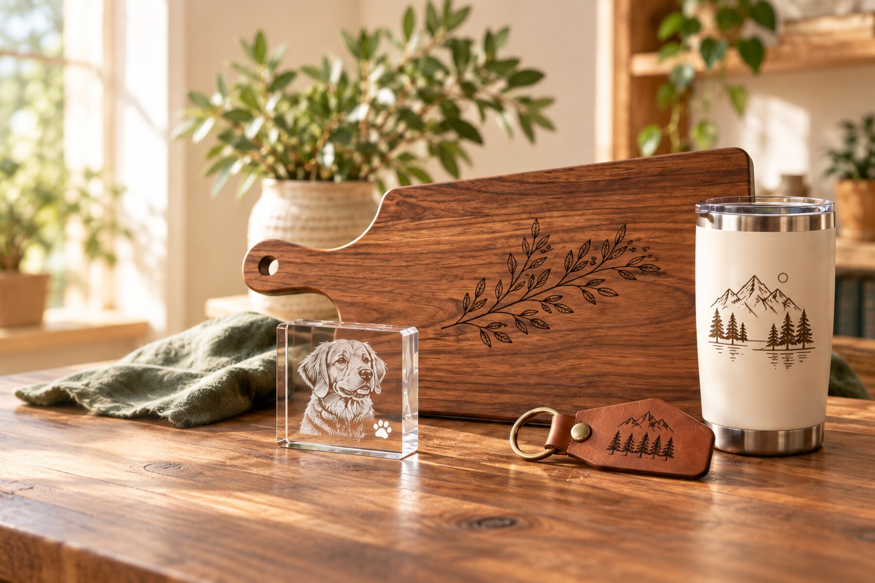 An engraved walnut cutting board, an engraved tumbler, a crystal pet keepsake and a leather keychain on a wooden table